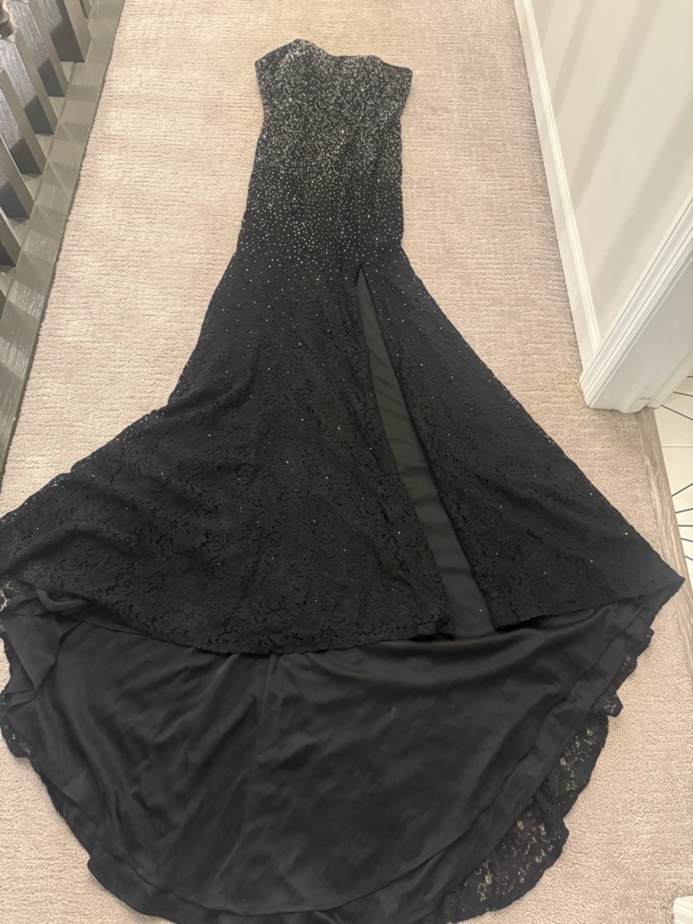 Elegant Black Strapless Evening Gown with Beaded Bodice